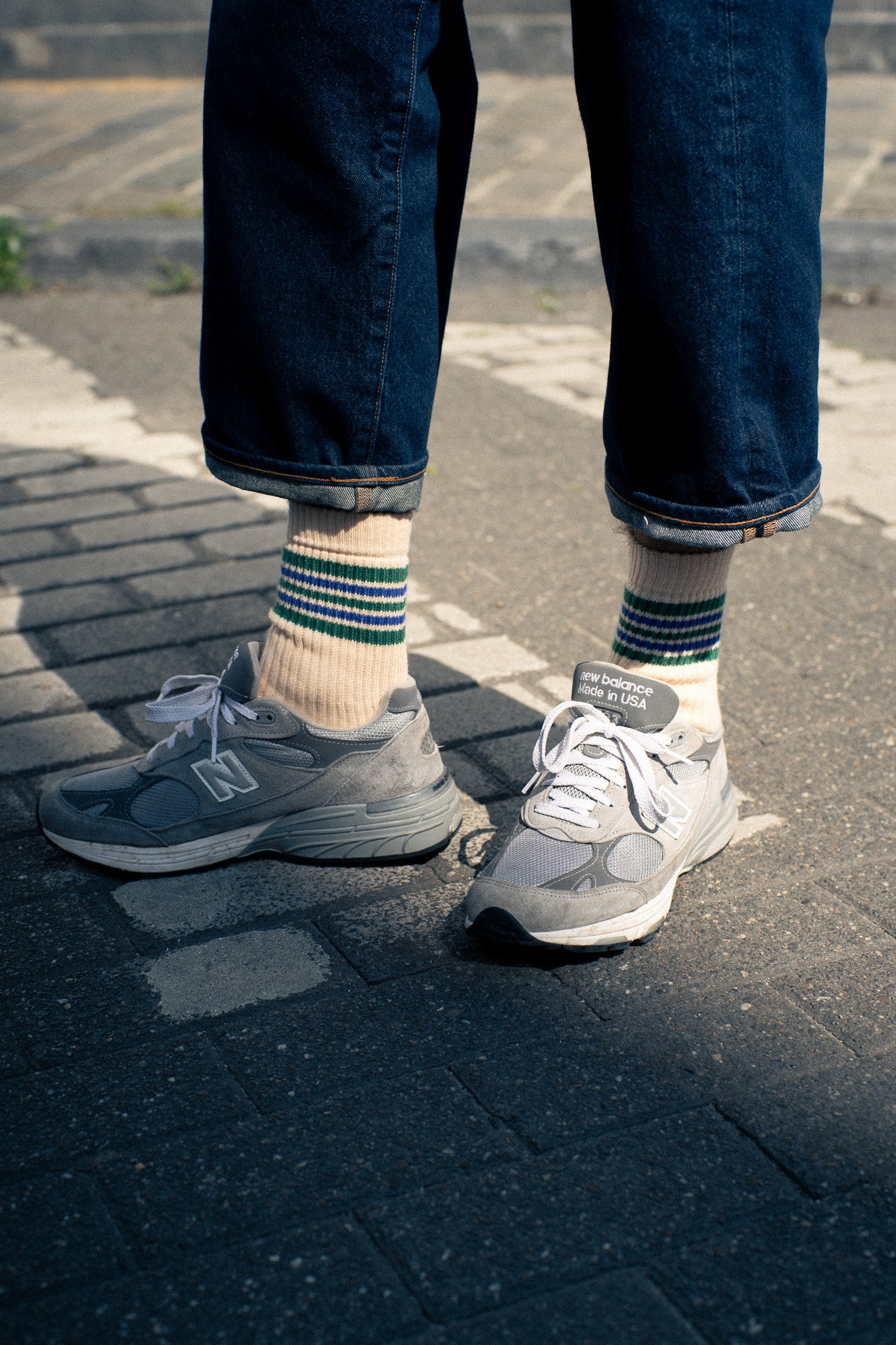 Escuyer Women's striped socks worn with New Balance sneakers — 5 Stripes collection, made in Portugal