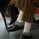 Person wearing black shoes from Birkenstock and green and white melange socks from Escuyer.
