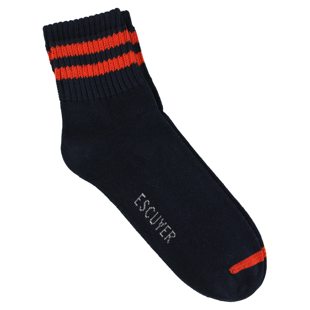 A pair of ankle socks in blue and orange with the brand name 'ESCUYER' visible on the side.