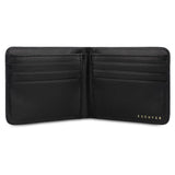 Escuyer black and blue billfold wallet open — blue leather interior with 6 card slots and 2 receipt pockets