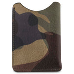 Escuyer military camouflage leather card sleeve showing hand-dyed olive and khaki camo pattern