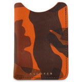 Escuyer orange camouflage card sleeve — thinnest leather wallet, hand-dyed Italian veg-tan, front view