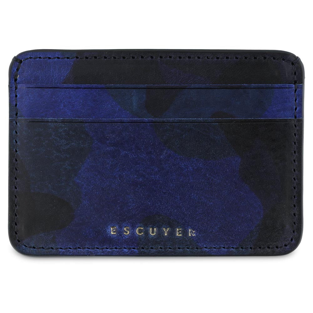 Blue and  black Camouflage-patterned cardholder with 'ESCUYER' branding. Handmade in Portugal from Italian vegetable tanned leather. 