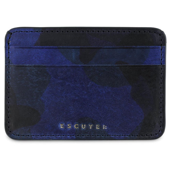 Blue and  black Camouflage-patterned cardholder with 'ESCUYER' branding. Handmade in Portugal from Italian vegetable tanned leather. 
