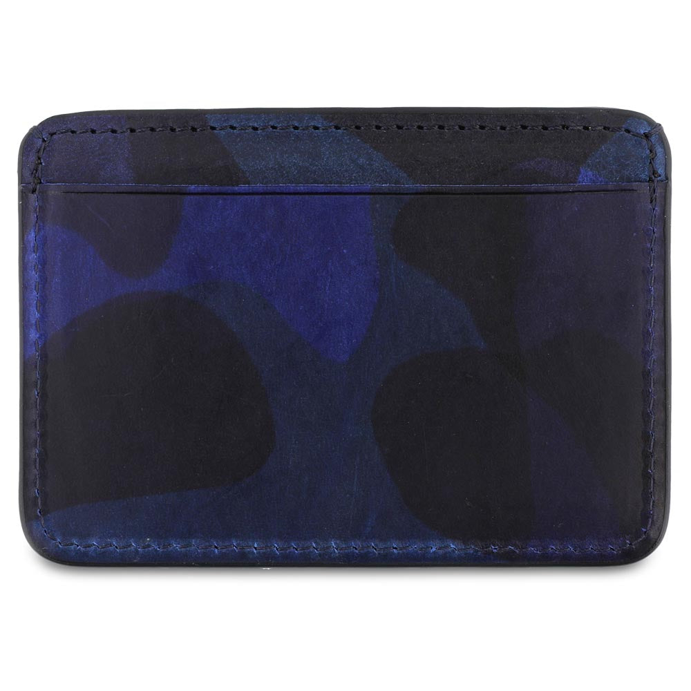 Blue and  black Camouflage-patterned cardholder with 'ESCUYER' branding. Handmade in Portugal from Italian vegetable tanned leather. 