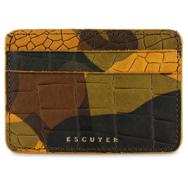 Yellow, green, brown and black Camouflage-patterned cardholder with 'ESCUYER' branding. Handmade in Portugal from Italian vegetable tanned leather. Crocodile printed leather.