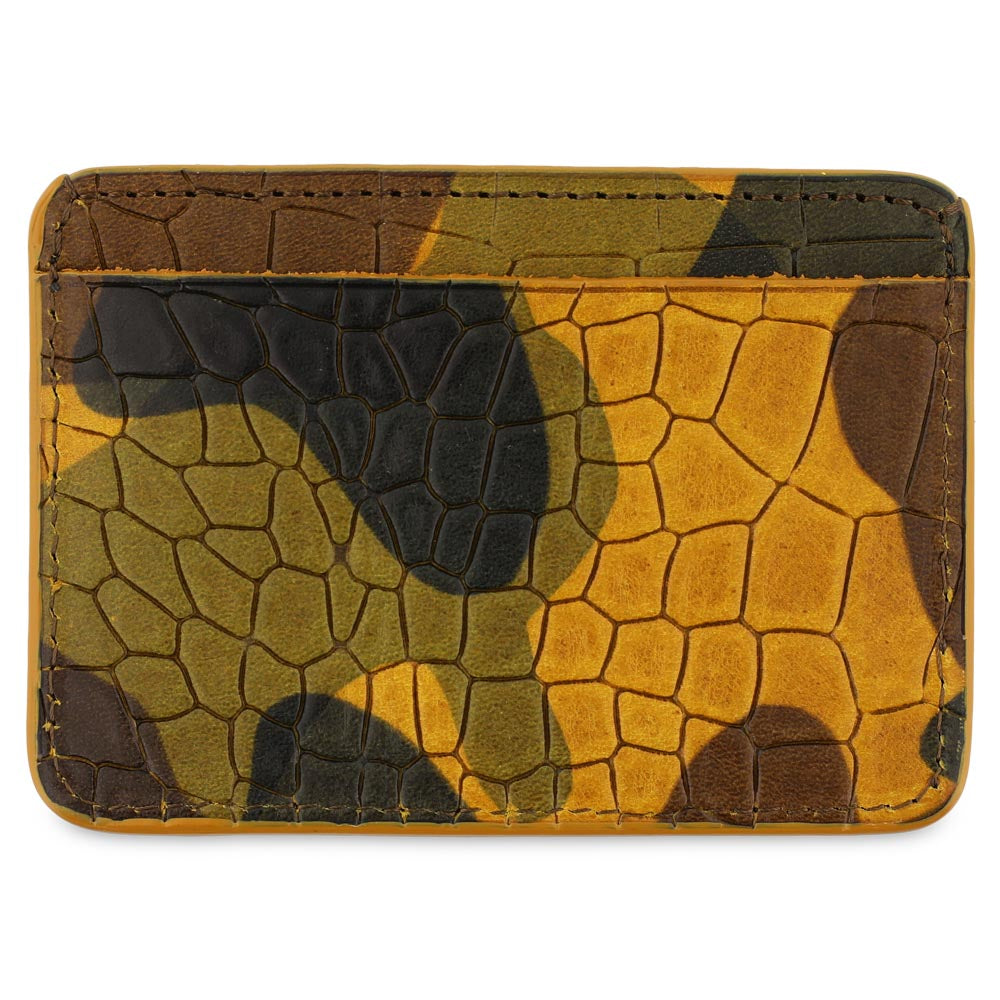Yellow, green, brown and black Camouflage-patterned cardholder with 'ESCUYER' branding. Handmade in Portugal from Italian vegetable tanned leather. Crocodile printed leather.
