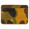 Yellow, green, brown and black Camouflage-patterned cardholder with 'ESCUYER' branding. Handmade in Portugal from Italian vegetable tanned leather. Crocodile printed leather.