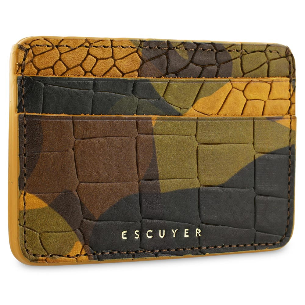 Yellow, green, brown and black Camouflage-patterned cardholder with 'ESCUYER' branding. Handmade in Portugal from Italian vegetable tanned leather. Crocodile printed leather.