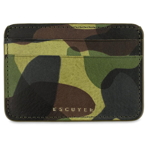 Green, black and brown Camouflage-patterned cardholder with 'ESCUYER' branding. Handmade in Portugal from Italian vegetable tanned leather. 