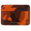 Orange, brown and black Camouflage-patterned cardholder with 'ESCUYER' branding. Handmade in Portugal from Italian vegetable tanned leather. 