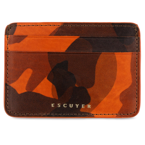 Orange, brown and black Camouflage-patterned cardholder with 'ESCUYER' branding. Handmade in Portugal from Italian vegetable tanned leather. 
