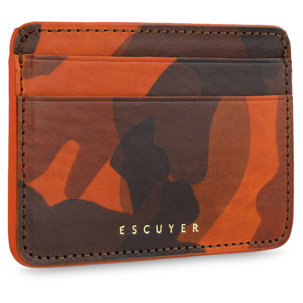 Orange, brown and black Camouflage-patterned cardholder with 'ESCUYER' branding. Handmade in Portugal from Italian vegetable tanned leather. Hand painted edges