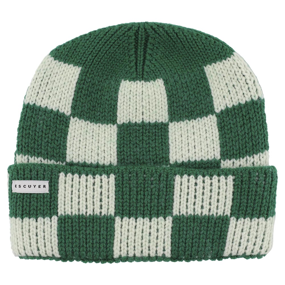 Green and cream checkered merino wool beanie by Escuyer
