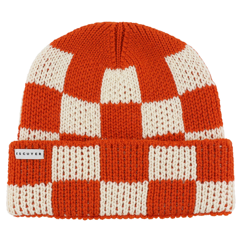 Orange and ecru checkered merino wool beanie by Escuyer