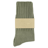 Women's ribbed crew socks in light khaki, slub cotton, made in Portugal by Escuyer