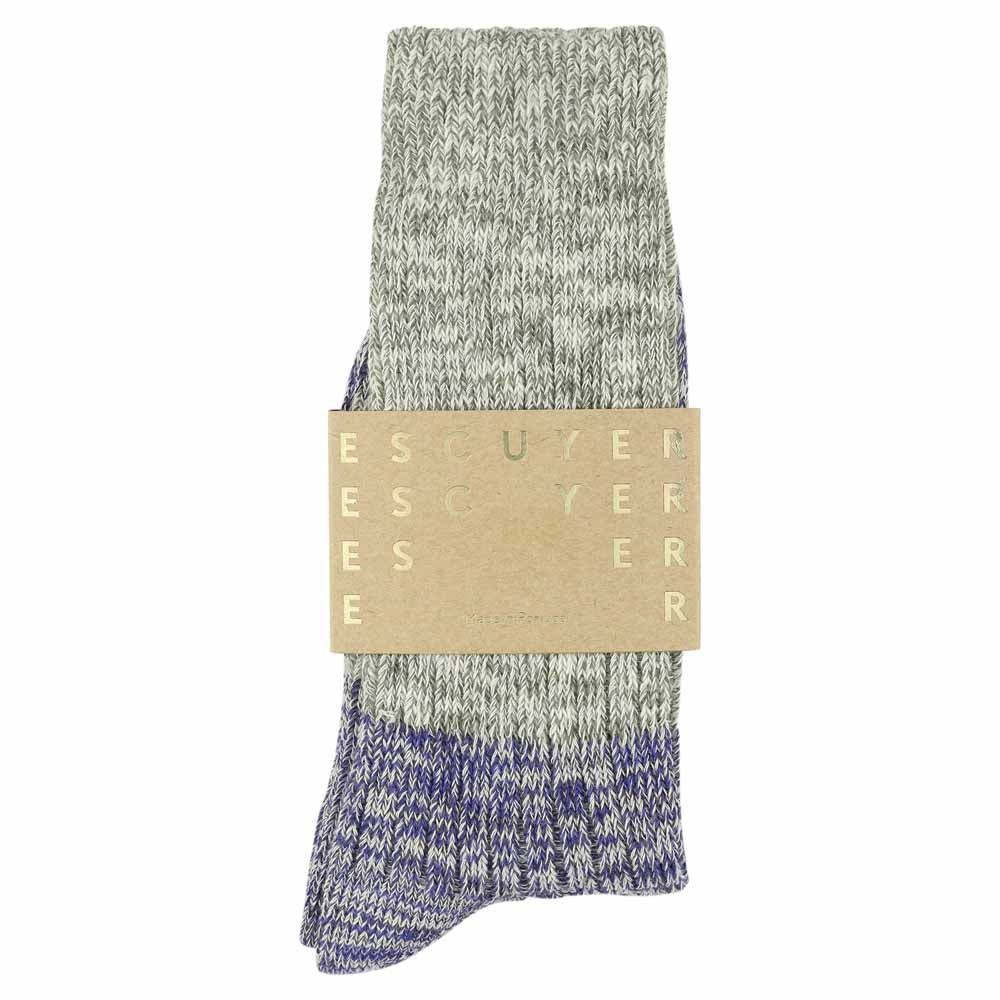 A pair of melange block socks in light grey and bright blue, crafted from cotton blend yarns and made in Portugal