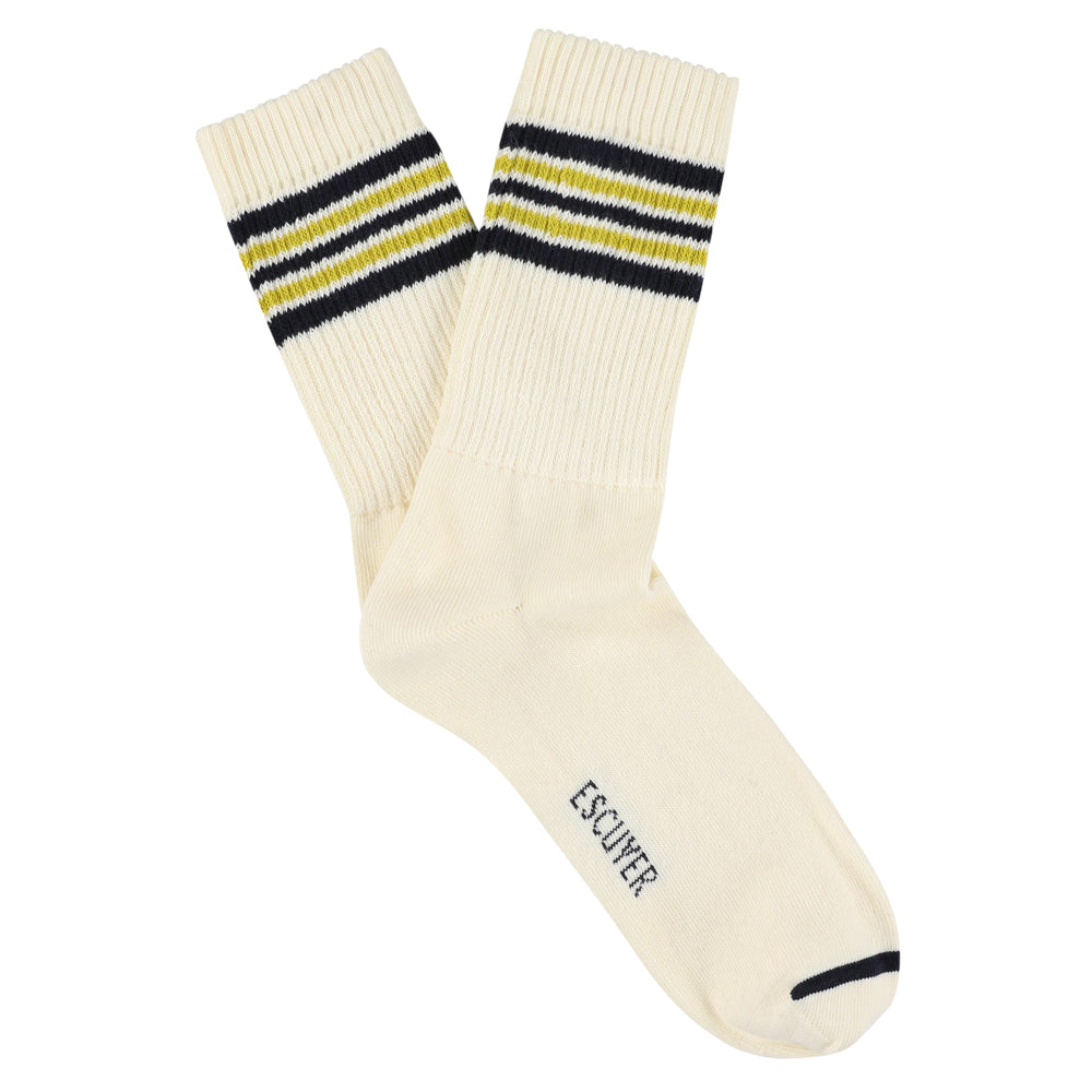 Escuyer Men's 5 Stripes Socks in ecru, blue and yellow — vintage athletics design, knitted on vintage machines in Portugal