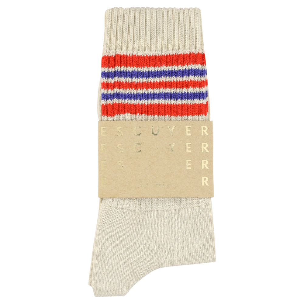 Escuyer Men's 5 Stripes Socks ecru orange blue — hand-linked toe, soft Italian cotton yarn, made in Portugal