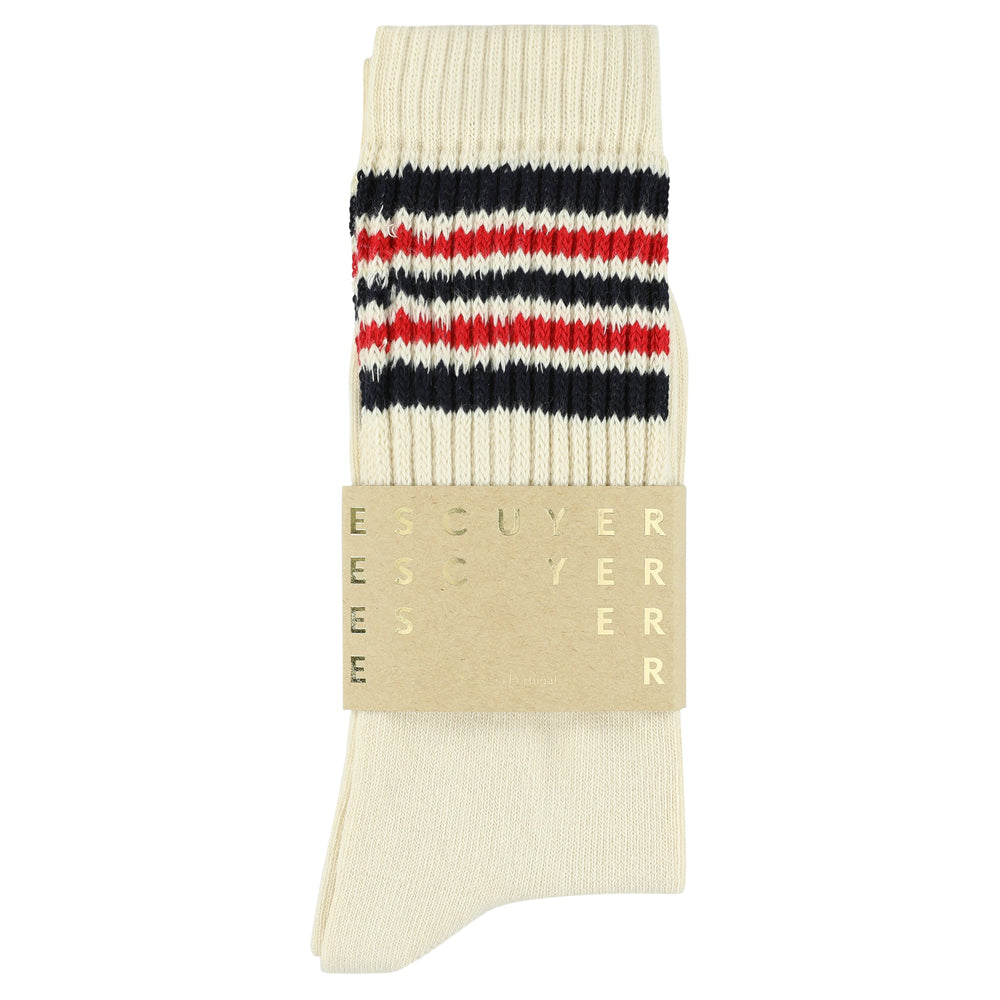 A pair of socks with five stripes in ecru, blue, and red colors, with the brand name ' Escuyer ' visible on the side.