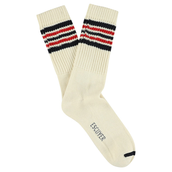A pair of socks with five stripes in ecru, blue, and red colors, with the brand name ' Escuyer ' visible on the side.