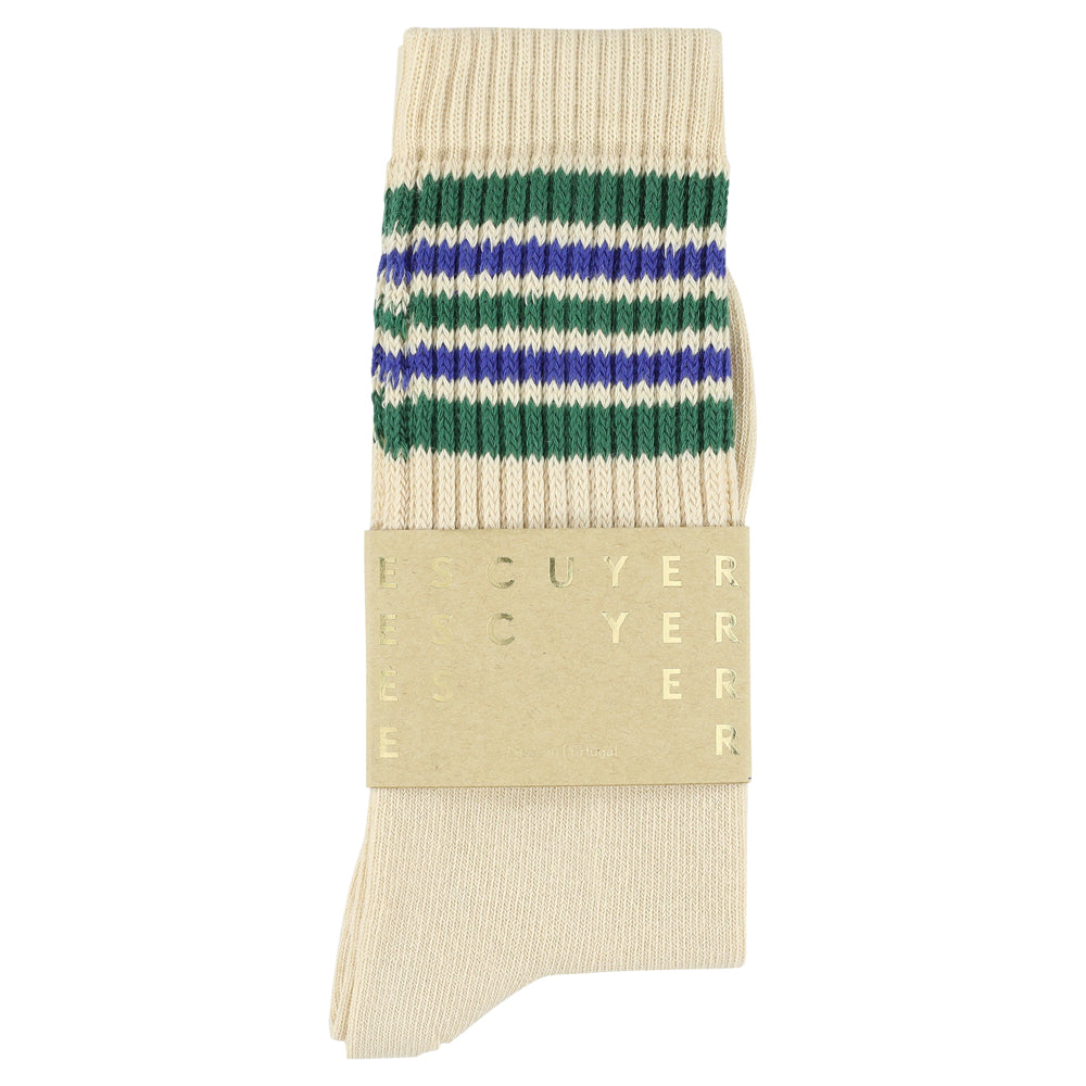 A pair of socks with stripes in ecru, green, and blue colors, with the brand name ' Escuyer ' visible on the foot area.