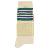 A pair of socks with stripes in ecru, green, and blue colors, with the brand name ' Escuyer ' visible on the foot area.
