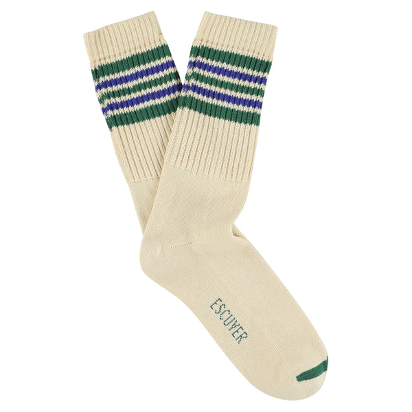 A pair of socks with stripes in ecru, green, and blue colors, with the brand name ' Escuyer ' visible on the foot area.