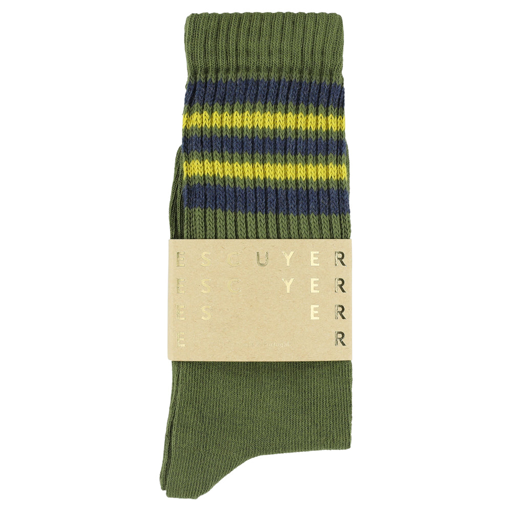Green sock with blue and yellow stripes on a white background