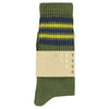 Green sock with blue and yellow stripes on a white background