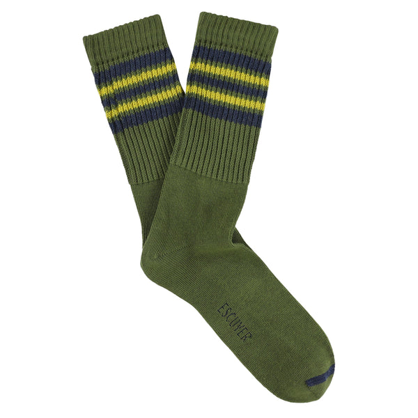 A pair of socks with stripes in khaki, blue, and yellow colors, knitted from a soft, cotton blend.