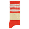 Red sock with white stripes and 'ESCUYER' label on a white background