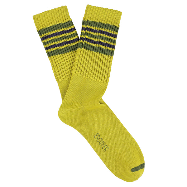 A pair of yellow socks with five stripes in khaki and blue colors, knitted texture, and elastic band at the top.
