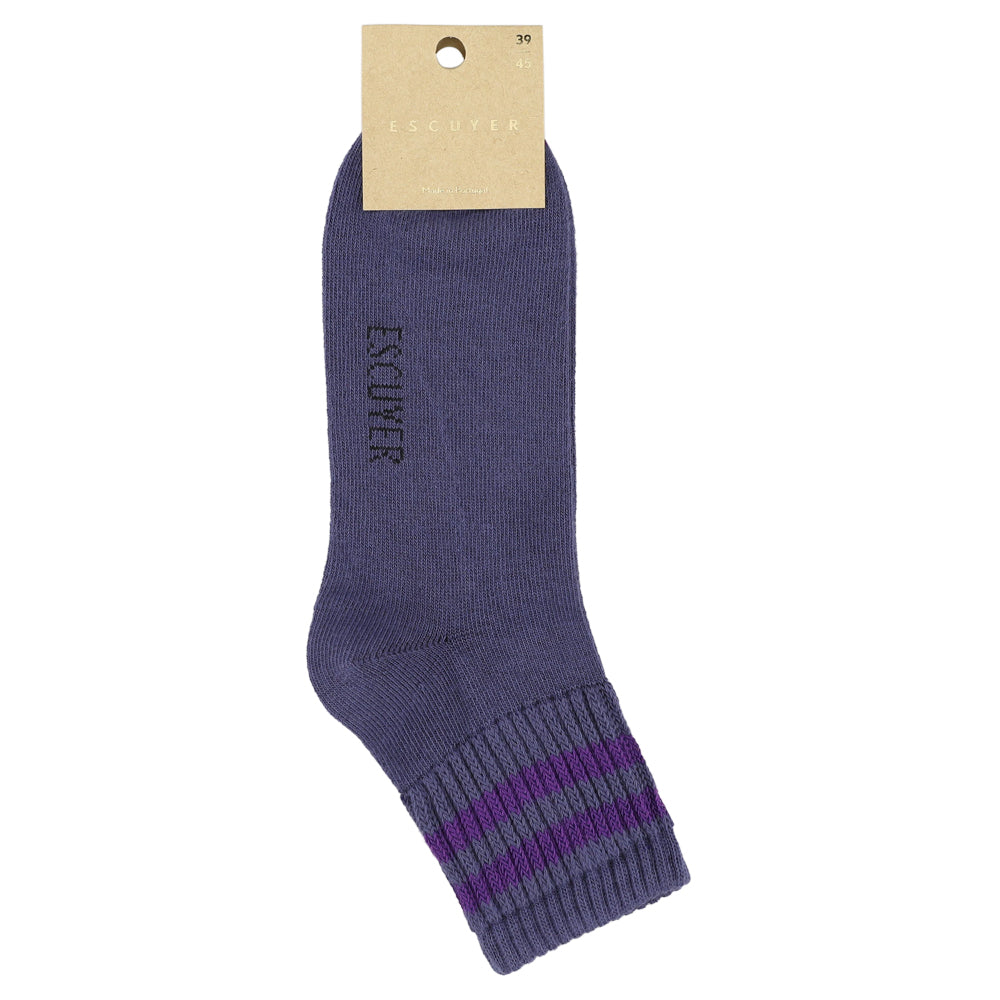 Close-up of Escuyer Men Striped Ankle Socks Blue / Purple — moody expressive stripe at the cuff