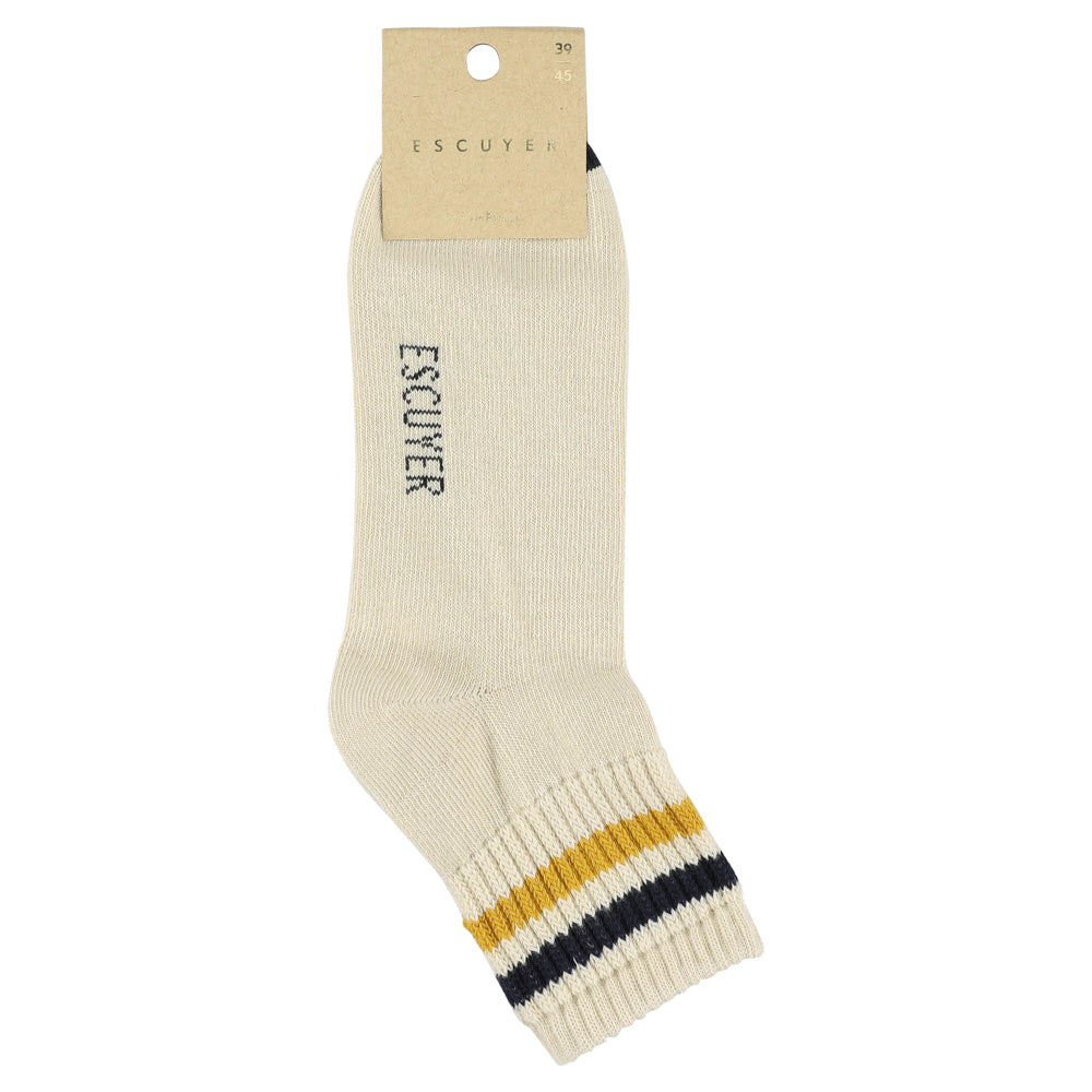 Close-up of Escuyer Men Striped Ankle Socks Ecru / Yellow / Blue — vintage athletic stripe at the cuff