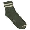A pair of ankle socks in khaki/ecru color with a striped pattern at the top and the brand name 'ESCUYER' visible on the foot area.