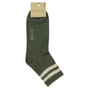 A pair of ankle socks in khaki/ecru color with a striped pattern at the top and the brand name 'ESCUYER' visible on the foot area.