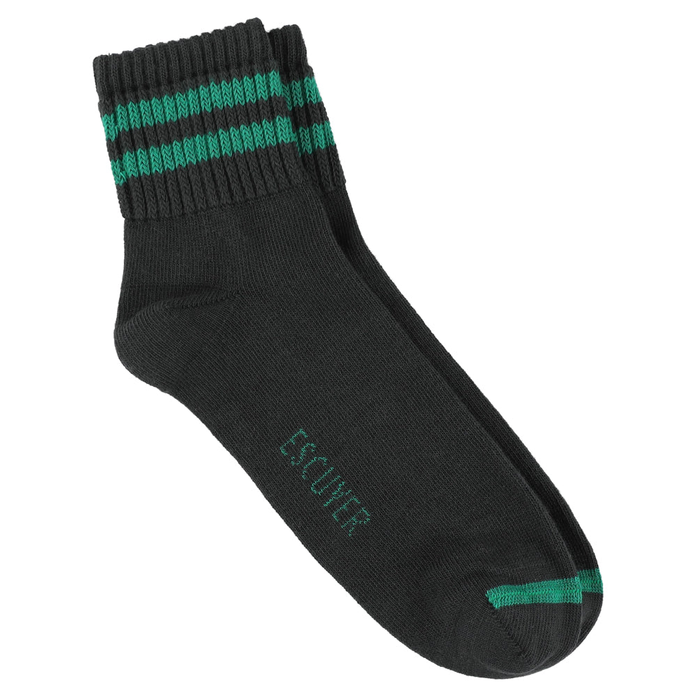 Escuyer Men Striped Ankle Socks in Off Black and Green — cotton blend, hand-linked toe, made in Portugal