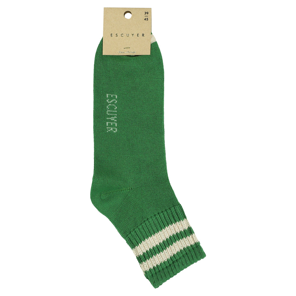 A pair of green ankle socks with ecru stripes on the cuff and the brand name 'ESCUYER' visible on the foot area.