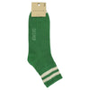 A pair of green ankle socks with ecru stripes on the cuff and the brand name 'ESCUYER' visible on the foot area.