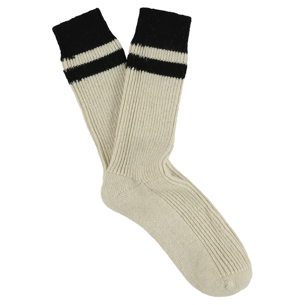 Escuyer men's striped cashmere socks in Ecru and Black — mid-calf crew cut, premium cashmere and virgin wool blend, handmade in Portugal