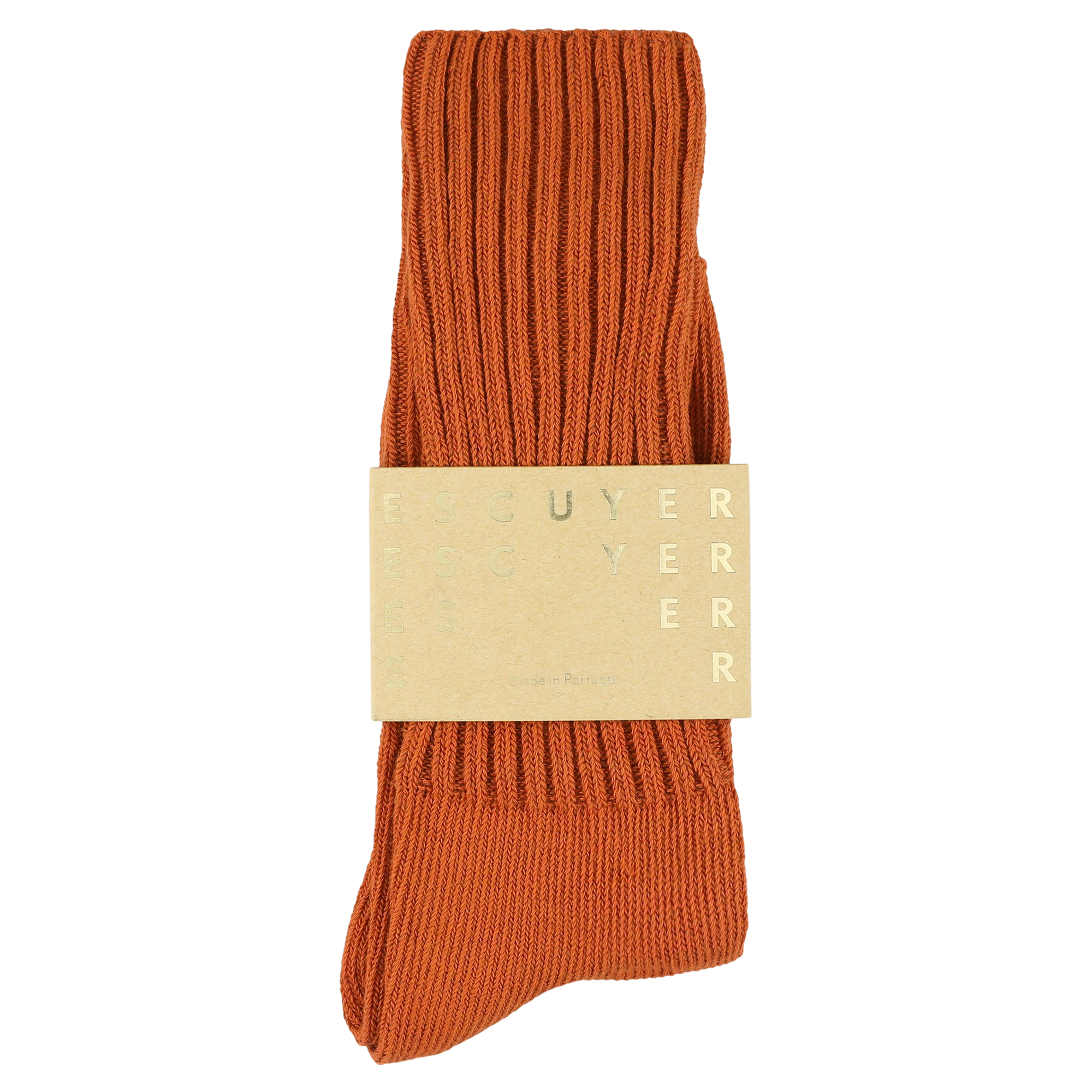 Men's ribbed crew socks in golden orange, slub cotton, made in Portugal by Escuyer