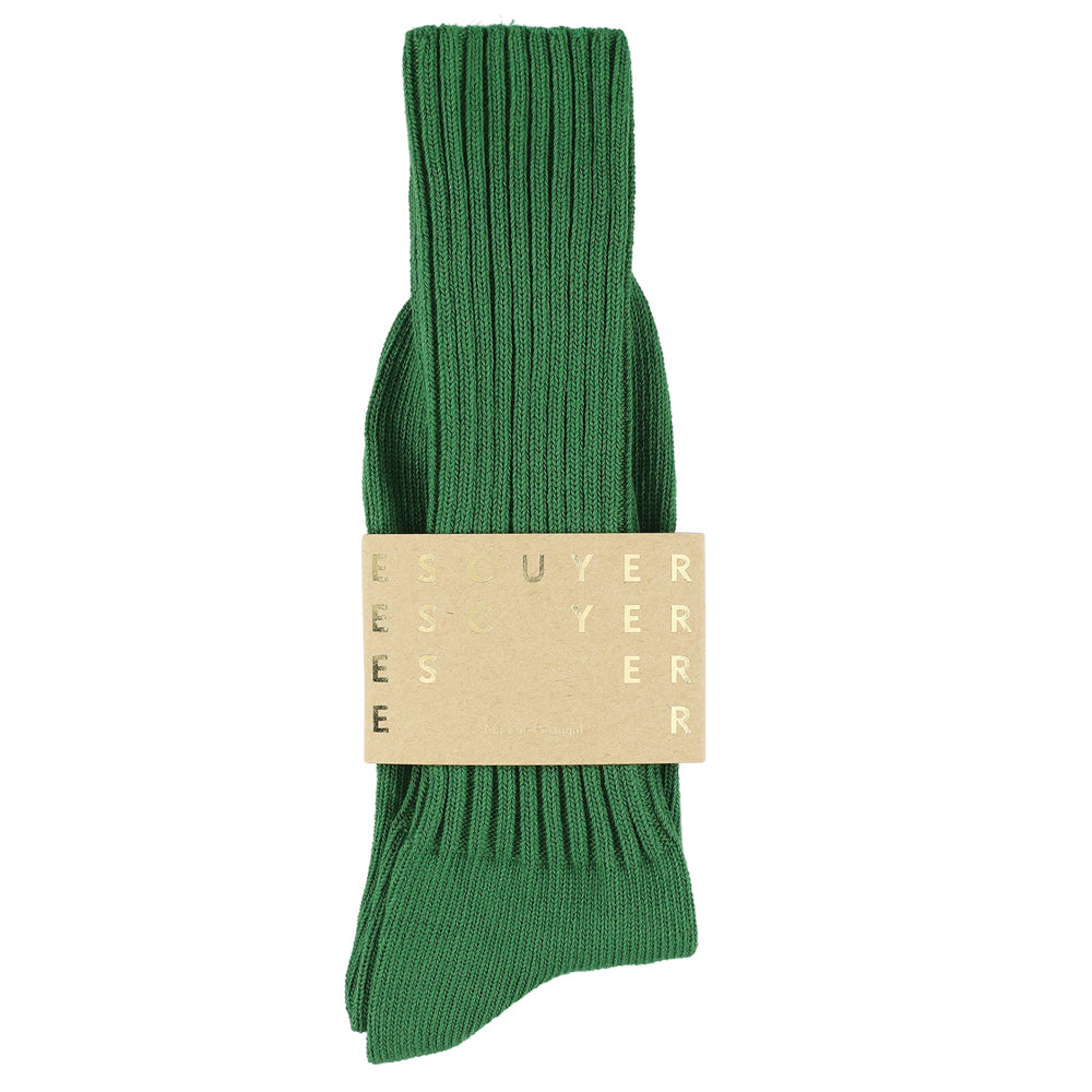 Men's ribbed crew socks in green, slub cotton, made in Portugal by Escuyer
