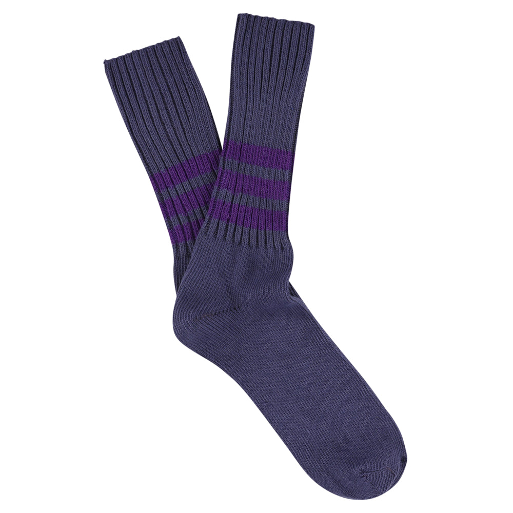 Men's striped crew socks in blue and purple, slub cotton, made in Portugal by Escuyer