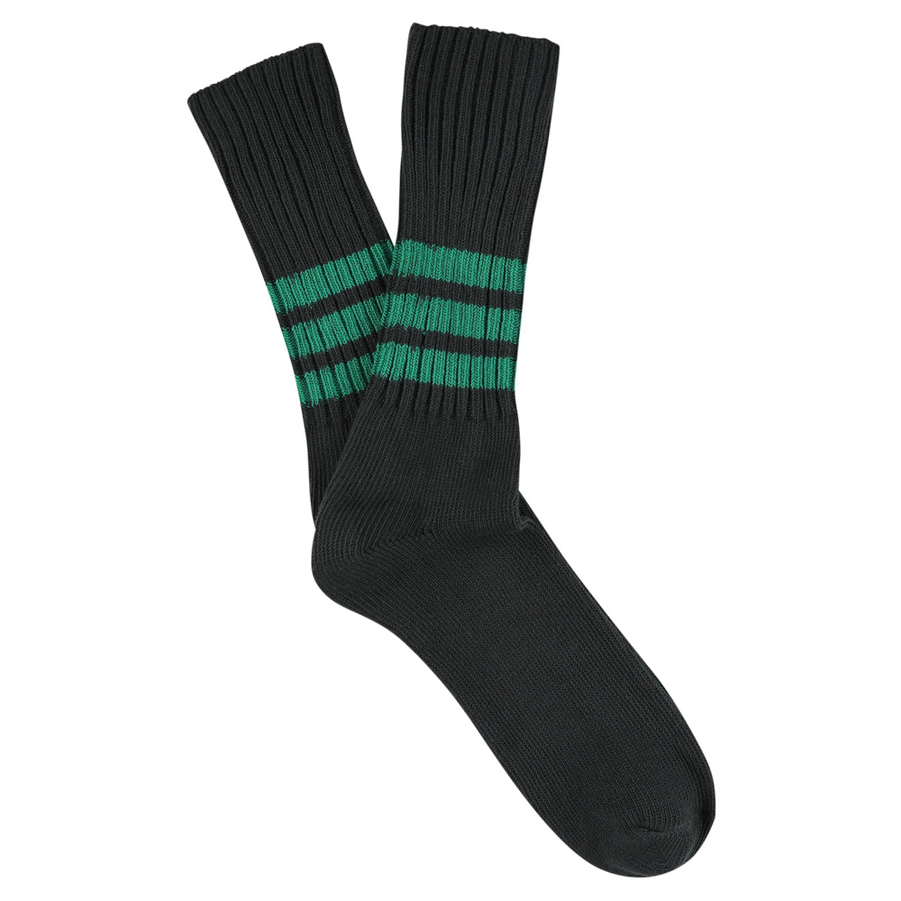 Men's striped crew socks in off black and green, slub cotton, made in Portugal by Escuyer