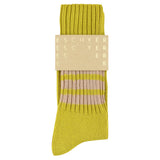 Men's striped crew socks in yellow and pink, slub cotton, made in Portugal by Escuyer