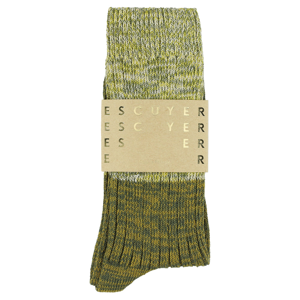 A pair of melange block socks in green colors, crafted from cotton blend yarns and made in Portugal