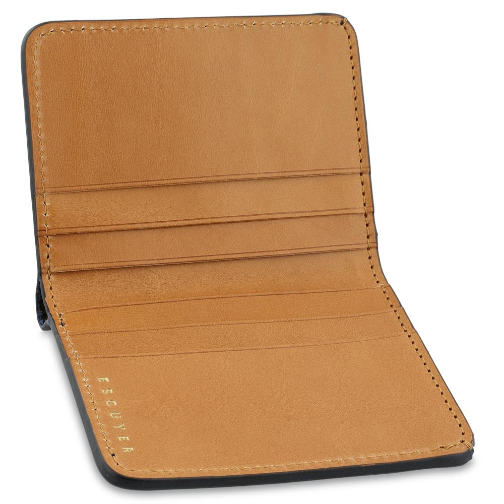 Blue slim camouflage leather  wallet. Handmade in Portugal from Italian vegetable tanned leather. With the interior in natural leather with 'ESCUYER' branding