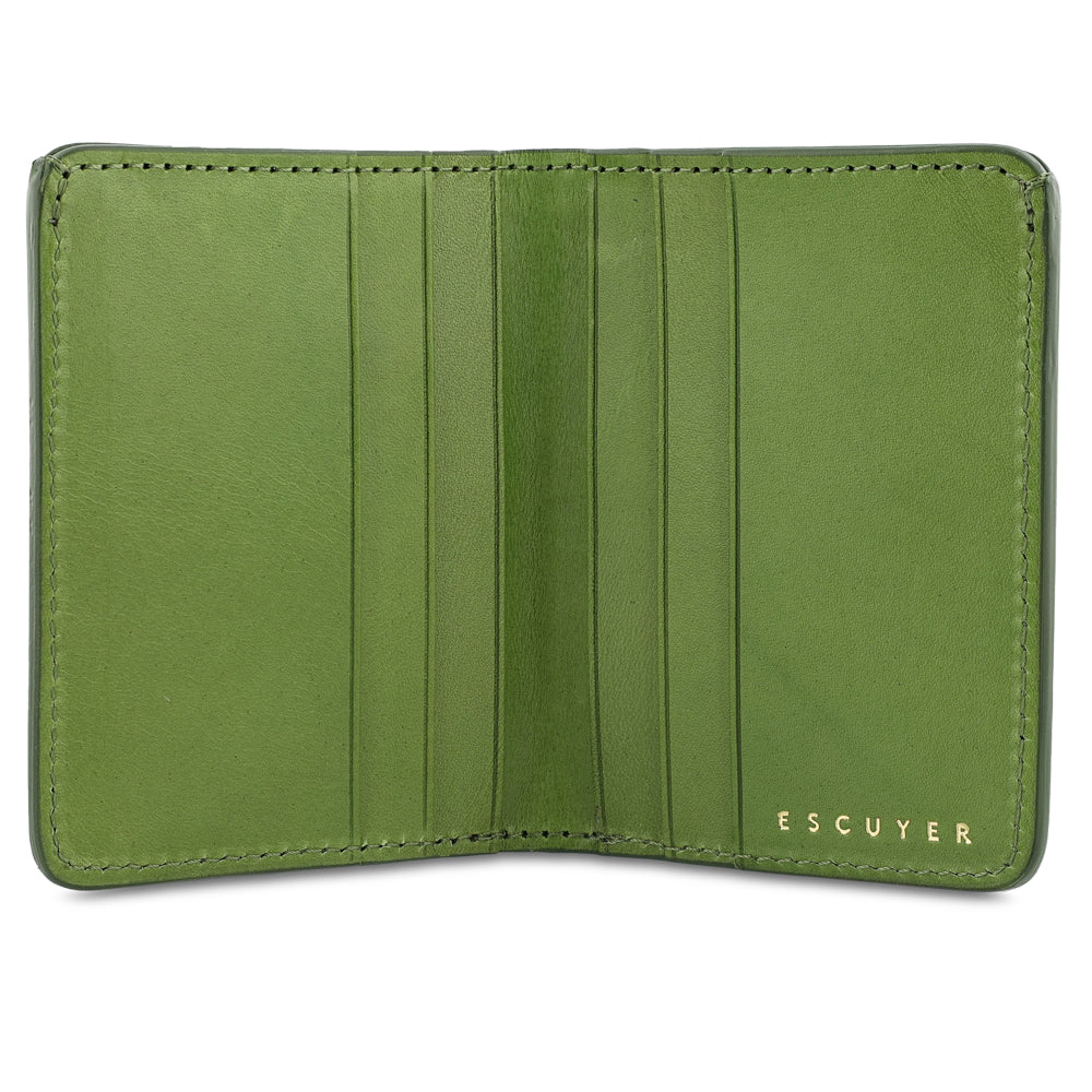 Escuyer jungle green slim wallet open — 6 card slots in natural leather interior