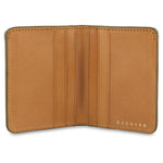 Escuyer light green camouflage slim wallet open — 6 card slots in natural leather interior